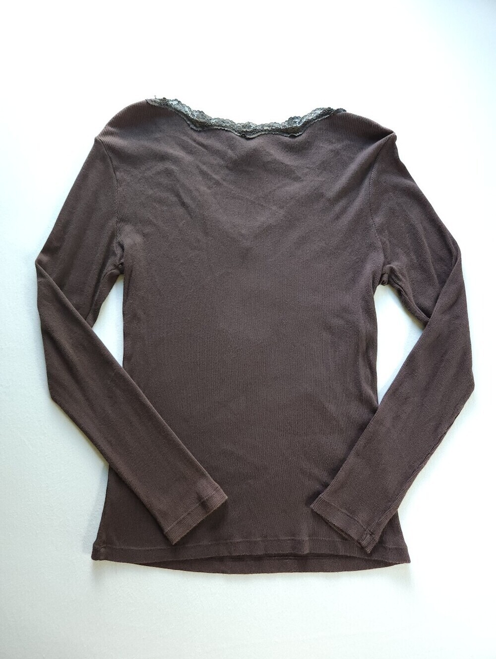 2010s Brown Long Sleeve Top Sequin Lace Beaded V Neck Sz M - Picture 3 of 5